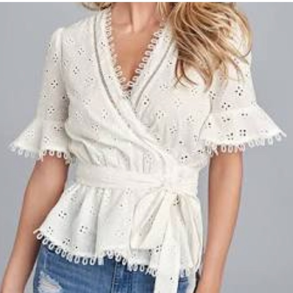 Venus Eyelet Wrap Top White Peplum Ruffle Short Sleeve Size 10